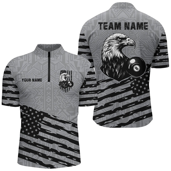 Maxcorners Personalized Grey US Flag Eagle Billiard Shirts For Men Custom Patriotic Billiard Pool Jersey