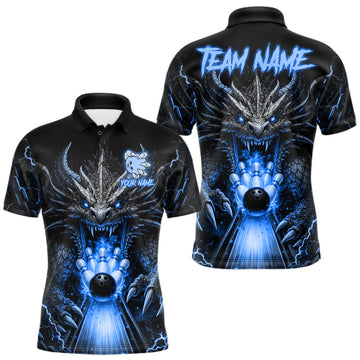 Maxcorners Personalized Dragon Bowling Jersey For Men Custom Blue Flame Bowling Team Shirt Polo & 1/4 Zip