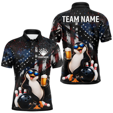 Maxcorners Funny Penguin Grunge American Flag Bowling Shirt For Men Custom Bowling Jersey Team Polo & 1/4 Zip