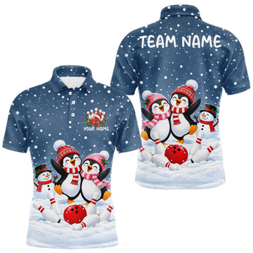Maxcorners Blue-Grey Funny Penguins Christmas Bowling Shirts For Men Custom Bowling Team Jersey, Bowling Gift