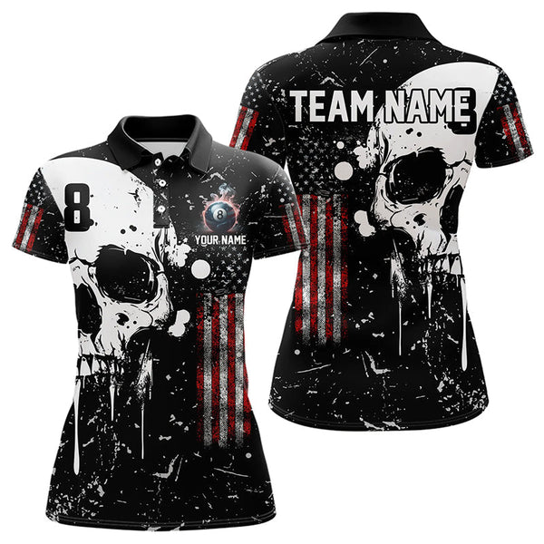 Maxcorners Black Grunge Skull American Flag Men Billiard Polo, Quarter Zip Custom Patriotic Billiard Jersey