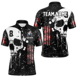 Maxcorners Black Grunge Skull American Flag Men Billiard Polo, Quarter Zip Custom Patriotic Billiard Jersey