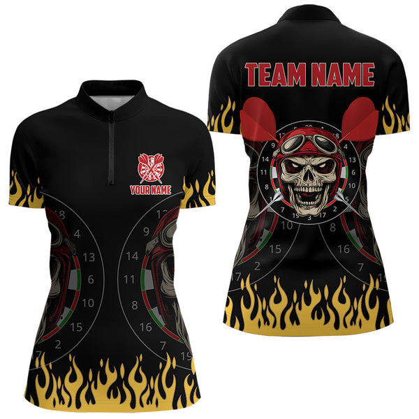 Maxcorners Personalized Fire Funny Skull Darts Polo & Quarter Zip Custom Men Darts Shirts Cool Dart Jerseys