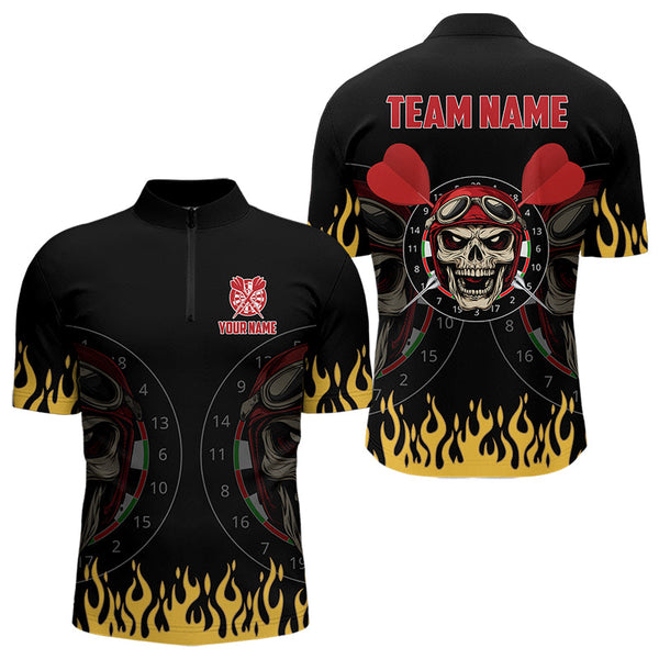 Maxcorners Personalized Fire Funny Skull Darts Polo & Quarter Zip Custom Men Darts Shirts Cool Dart Jerseys