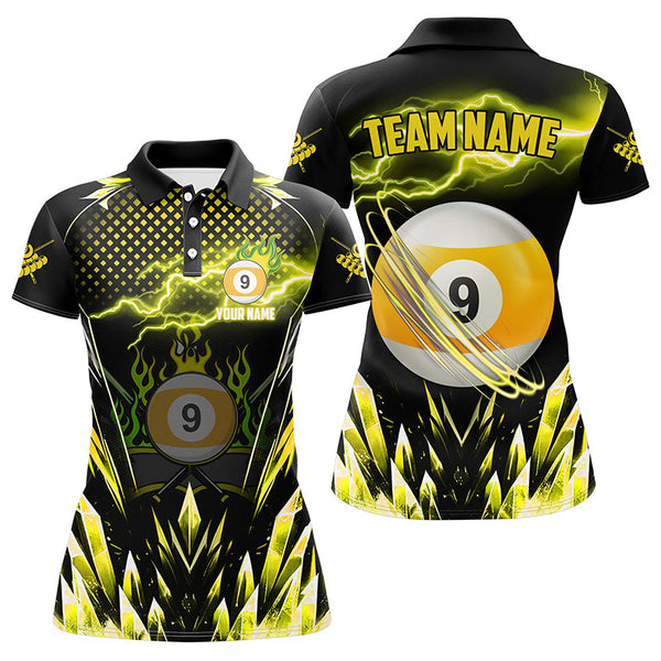 Maxcorners Yellow Icy Lightning 9 Ball Pool Customized Name, Team Name 3D Polo Shirt For Women