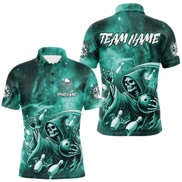 Maxcorners Funny Teal Grim Reaper Galaxy Bowling Shirt For Men Custom Bowling Team Jersey Polo & 1/4 Zip LM1508