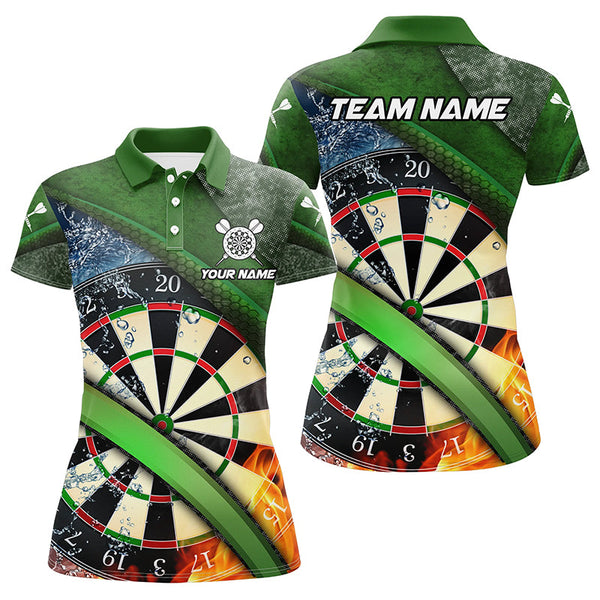 Maxcorners Personalized Green 3D Dartboard Fire And Water Women Darts Polo Shirts Custom Darts Team Jerseys