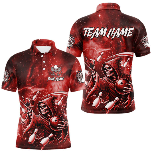 Maxcorners Funny Red Grim Reaper Galaxy Bowling Shirt For Men Custom Bowling Team Jersey Polo & 1/4 Zip