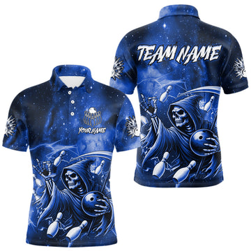 Maxcorners Funny Blue Grim Reaper Galaxy Bowling Shirt For Men Custom Bowling Team Jersey Polo & 1/4 Zip