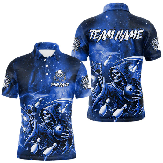 Maxcorners Funny Blue Grim Reaper Galaxy Bowling Shirt For Men Custom Bowling Team Jersey Polo & 1/4 Zip