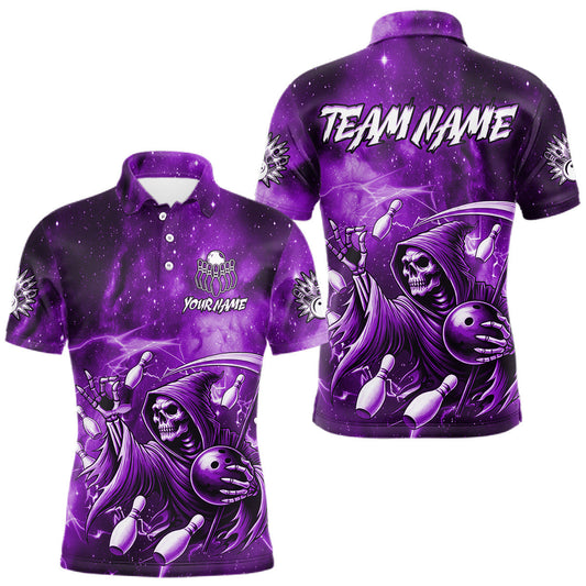Maxcorners Funny Purple Grim Reaper Galaxy Bowling Shirt For Men Custom Bowling Team Jersey Polo & 1/4 Zip
