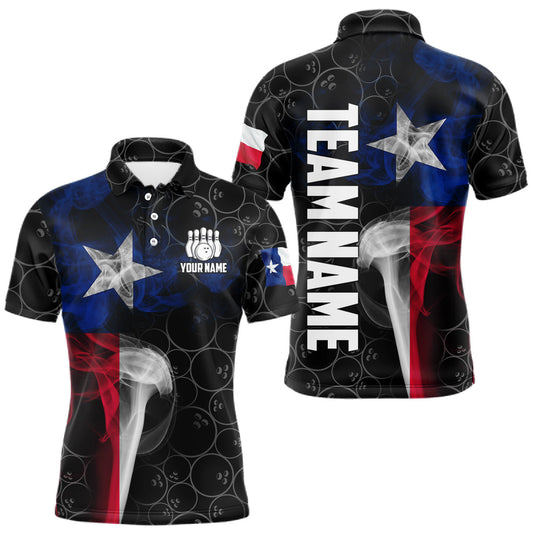 Maxcorners Personalized Texas Flag Smoke Bowling Shirt For Men, Patriotic Bowling Team Jersey Polo & 1/4 Zip