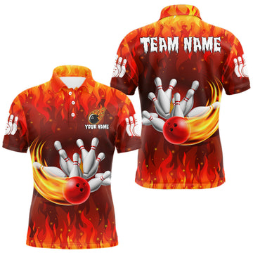 Maxcorners Personalized Flame Red Bowling Shirt For Men Custom Fire Bowling Team Jersey Polo & 1/4 Zip