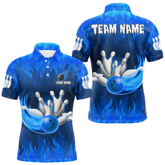 Maxcorners Personalized Flame Blue Bowling Shirt For Men Custom Fire Bowling Team Jersey Polo & 1/4 Zip