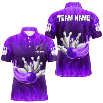 Maxcorners Personalized Flame Purple Bowling Shirt For Men Custom Fire Bowling Team Jersey Polo & 1/4 Zip