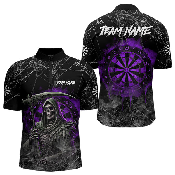Maxcorners Black And Purple Smoke Grim Reaper Funny Dart Shirts For Men Custom Dart Jerseys, Darts Clothing