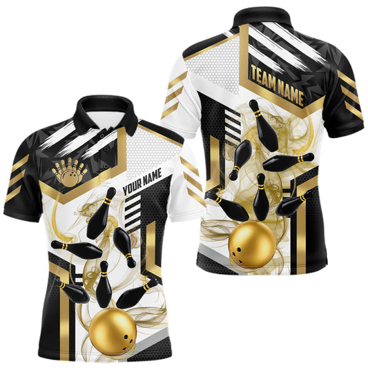 Maxcorners Custom Smoke Bowling Pins Polo & Quarter Zip Shirt For Men, Bowling League Team Jersey |Gold LM1705