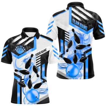 Maxcorners Custom Smoke Bowling Pins Polo & Quarter Zip Shirt For Men, Bowling League Team Jersey |Blue LM1705