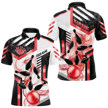 Maxcorners Custom Smoke Bowling Pins Polo & Quarter Zip Shirt For Men, Bowling League Team Jersey |Red LM1705