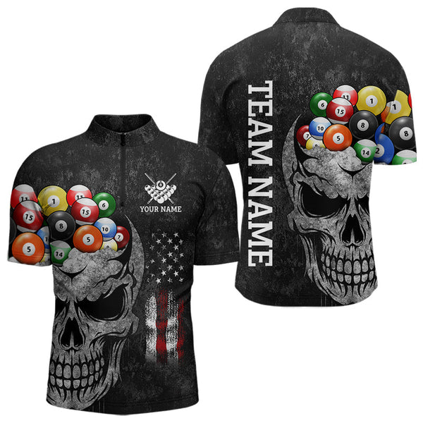Maxcorners Personalized Grunge Skull Billiard Shirt For Men Custom Patriotic American Flag Pool Team Jerseys LM2206