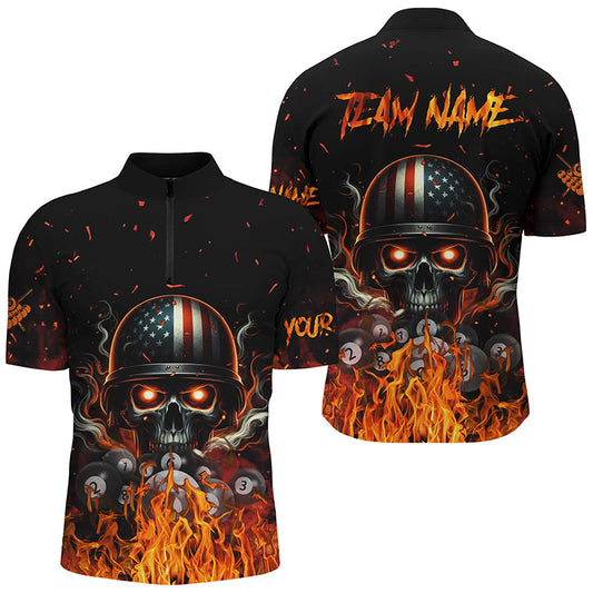 Maxcorners Billiard Funny Skull Us Flag Customized Name, Team Anme 3D Polo Shirt