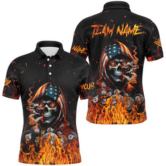 Maxcorners Billiard Funny Skull Us Flag Fire Customized Name, Team Anme 3D Polo Shirt