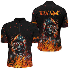 Maxcorners Billiard Funny Skull Us Flag Fire Customized Name, Team Anme 3D Polo Shirt