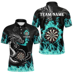 Maxcorners Personalized Turquoise Flaming Dragon Darts Shirt For Men Custom Darts Team Jersey Polo & 1/4 Zip TU1108