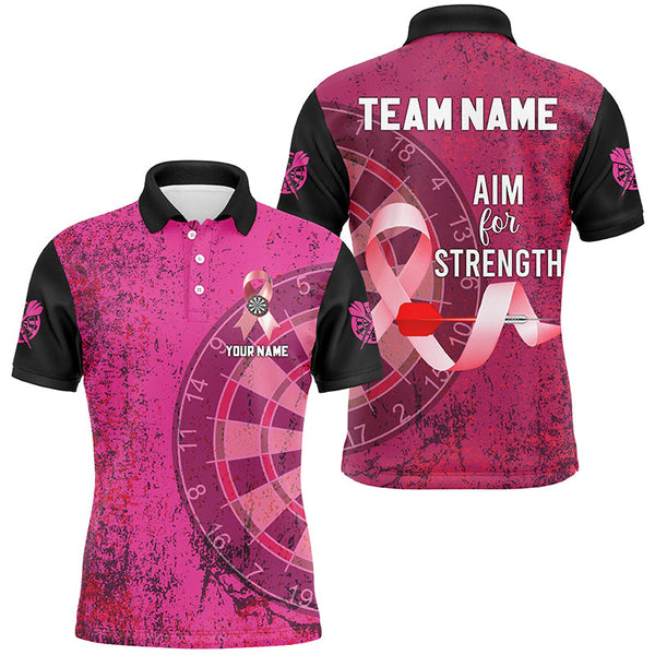 Maxcorners Pink Ribbon Aim For Strength Custom Darts Shirts For Men, Breast Cancer Pink Darts Team Jerseys