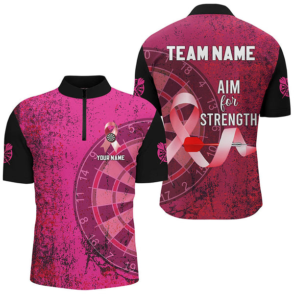 Maxcorners Pink Ribbon Aim For Strength Custom Darts Shirts For Men, Breast Cancer Pink Darts Team Jerseys