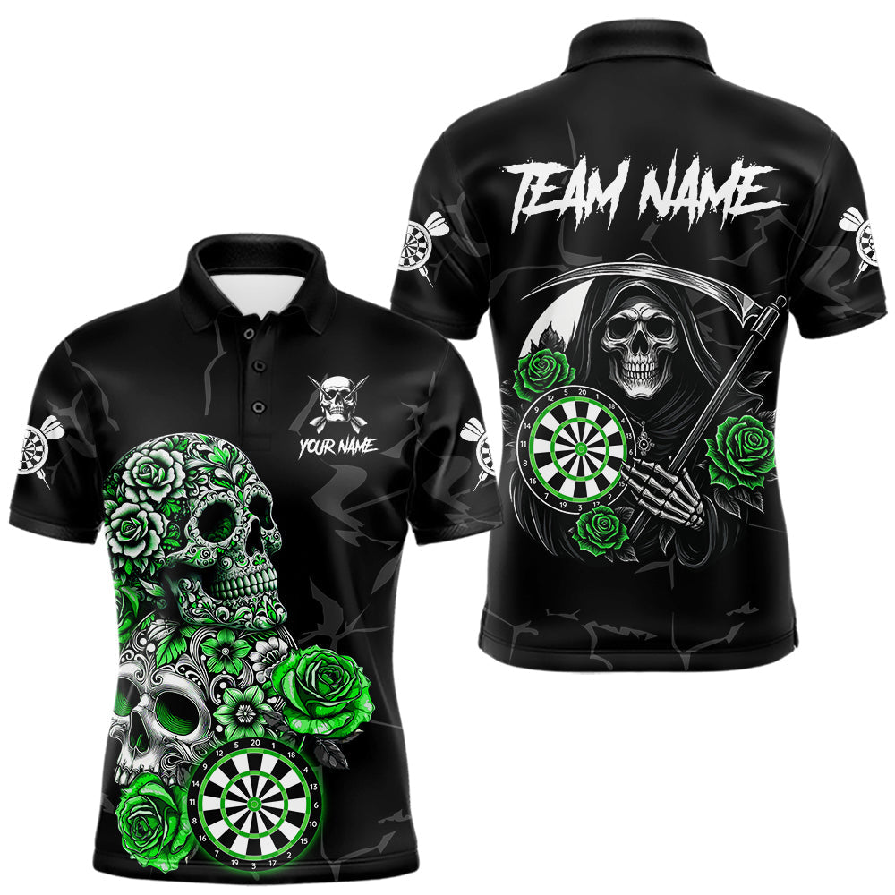 Maxcorners Personalized Green Funny Skull Roses Darts Shirt For Men Custom Darts Team Jersey, Darts Outfit