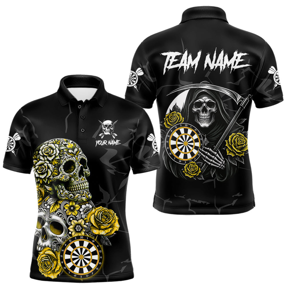 Maxcorners Personalized Yellow Funny Skull Roses Darts Shirt For Men Custom Darts Team Jersey, Darts Outfit