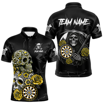 Maxcorners Personalized Yellow Funny Skull Roses Darts Shirt For Men Custom Darts Team Jersey, Darts Outfit