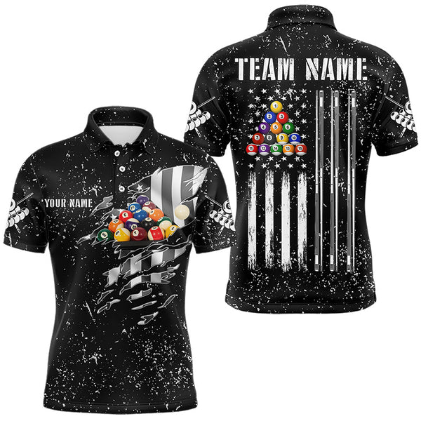 Maxcorners Personalized Black Grunge Us Flag Billiard Balls Polo, 1/4 Zip For Men, 8 Ball Pool Billiard Jersey