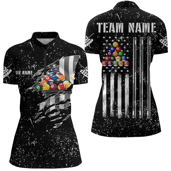Maxcorners Personalized Black Grunge Us Flag Billiard Balls Polo, 1/4 Zip For Men, 8 Ball Pool Billiard Jersey