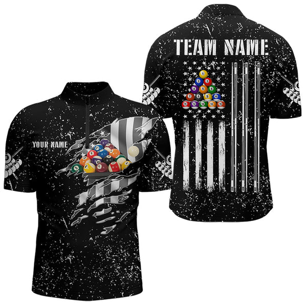 Maxcorners Personalized Black Grunge Us Flag Billiard Balls Polo, 1/4 Zip For Men, 8 Ball Pool Billiard Jersey