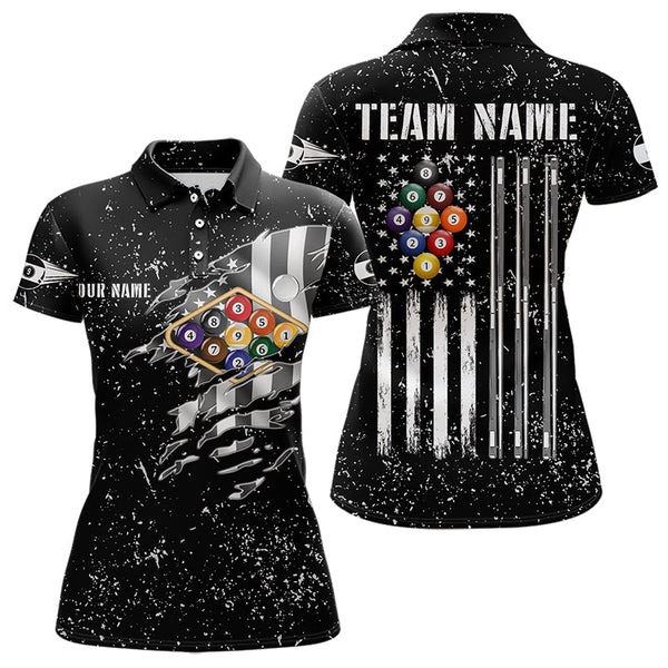 Maxcorners Personalized Black Grunge Us Flag Billiard Balls Polo, 1/4 Zip For Men, 9 Ball Pool Billiard Jersey