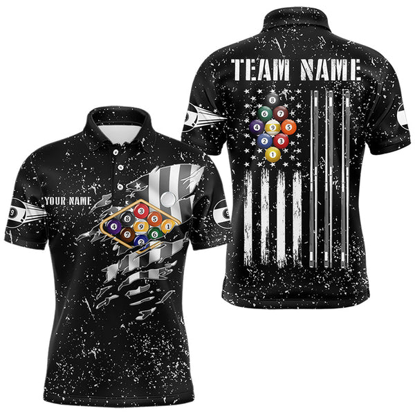 Maxcorners Personalized Black Grunge Us Flag Billiard Balls Polo, 1/4 Zip For Men, 9 Ball Pool Billiard Jersey
