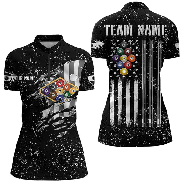 Maxcorners Personalized Black Grunge Us Flag Billiard Balls Polo, 1/4 Zip For Men, 9 Ball Pool Billiard Jersey