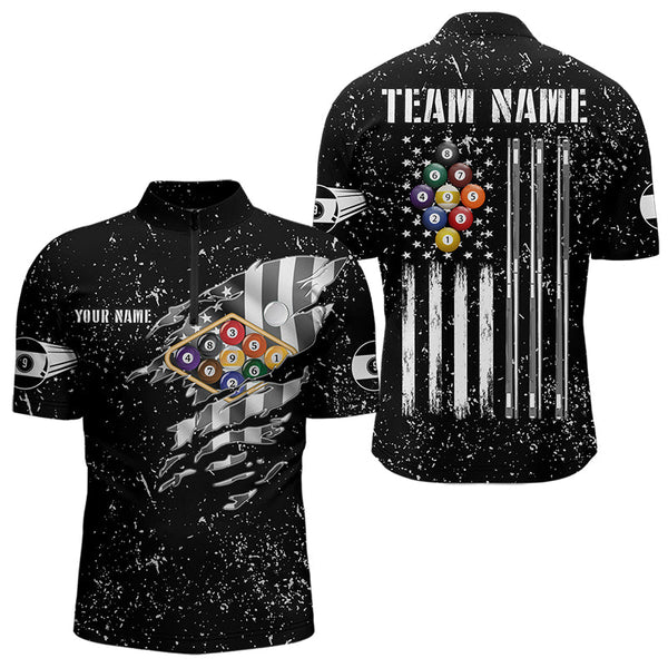Maxcorners Personalized Black Grunge Us Flag Billiard Balls Polo, 1/4 Zip For Men, 9 Ball Pool Billiard Jersey