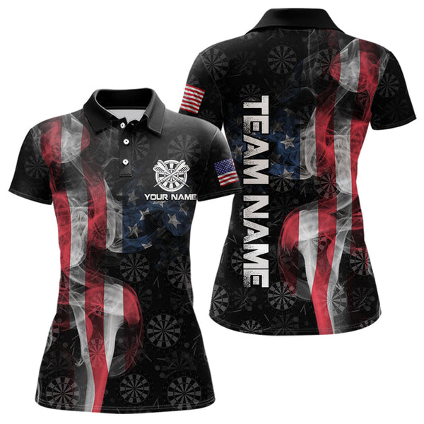 Maxcorners Smoke American Flag Darts Polo, Quarter-Zip Shirt Custom Patriotic Dart Shirts For Men Dart Jerseys