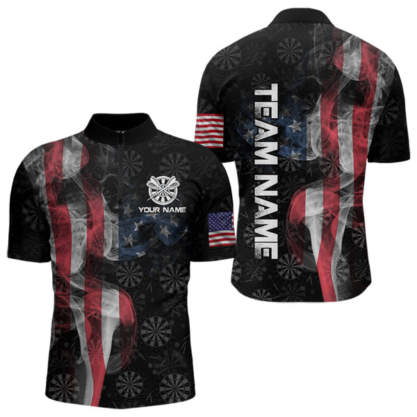 Maxcorners Smoke American Flag Darts Polo, Quarter-Zip Shirt Custom Patriotic Dart Shirts For Men Dart Jerseys