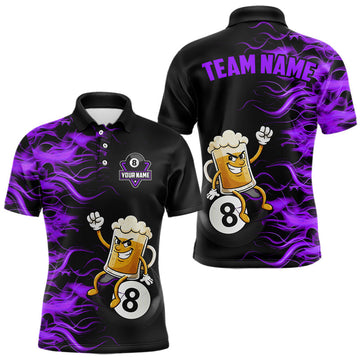 Maxcorners Purple Flaming Funny Beer 8 Ball Billiard Shirt For Men Custom Pool Team Jersey Polo & 1/4 Zip LM1202