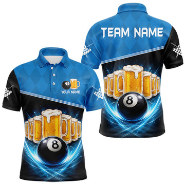 Maxcorners Black And Blue Funny Beer 8 Ball Billiard Jersey For Men Custom Pool Team Shirt Polo & 1/4 Zip LM1202