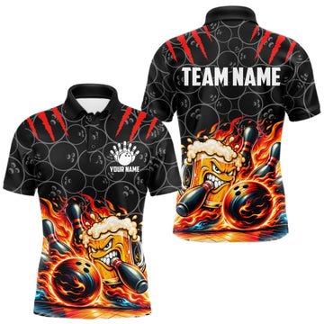 Maxcorners Black And Red Flaming Funny Beer Bowling Shirts For Men Custom Fire Bowling League Team Jersey LM1910