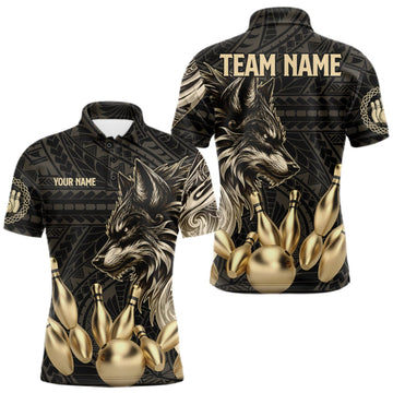 Maxcorners Black And Gold Custom Wolf Tribal Bowling Shirt For Men, Retro Bowling Team Jersey Polo & 1/4 Zip LM1910