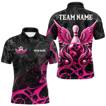 Maxcorners Personalized Pink And Black Bowling Wings Polo & 1/4 Zip Shirt For Men Custom Bowling Team Jersey LM1910