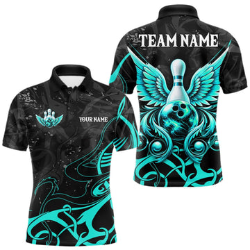 Maxcorners Black And Turquoise Bowling Wings Polo & Quarter Zip Shirts For Men Custom Bowling Team Jersey LM1910