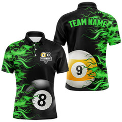 Maxcorners Green Flaming 8 Ball & 9 Ball Billiard Shirt For Men Custom Pool Team Jersey Polo & 1/4 Zip