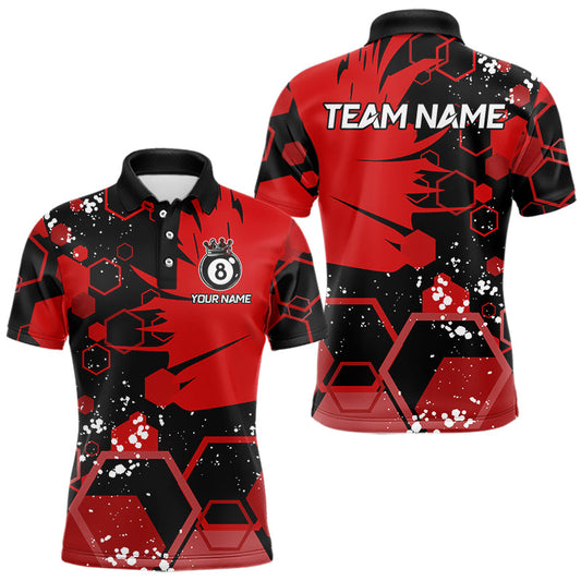 Maxcorners Personalized Black Red 8 Ball Crown Hexagon Billiard Shirts For Men, Pool Billiard Team Jerseys